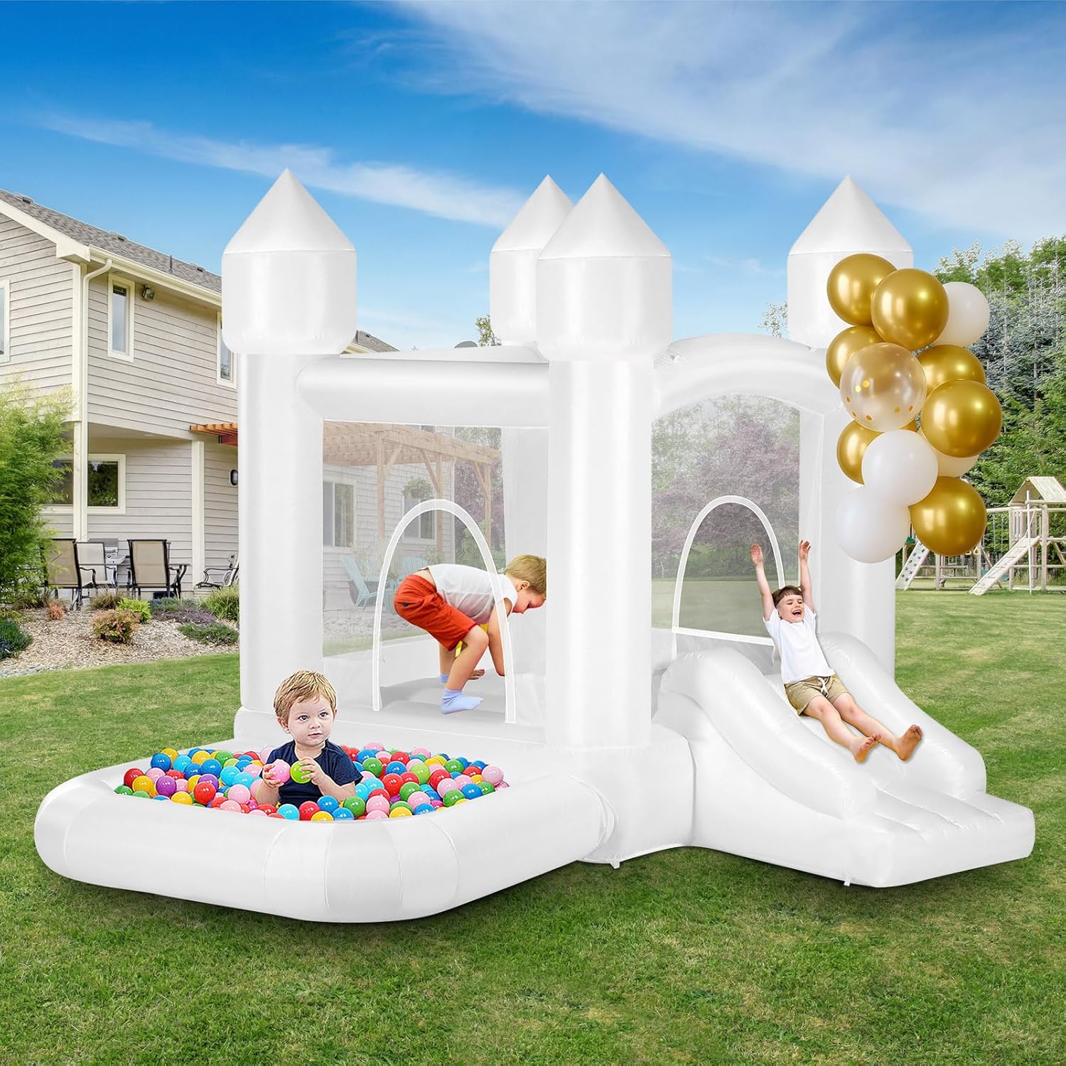 Kids White Bounce House with B - مراجعة Kids Outdoor Gifts وسعره